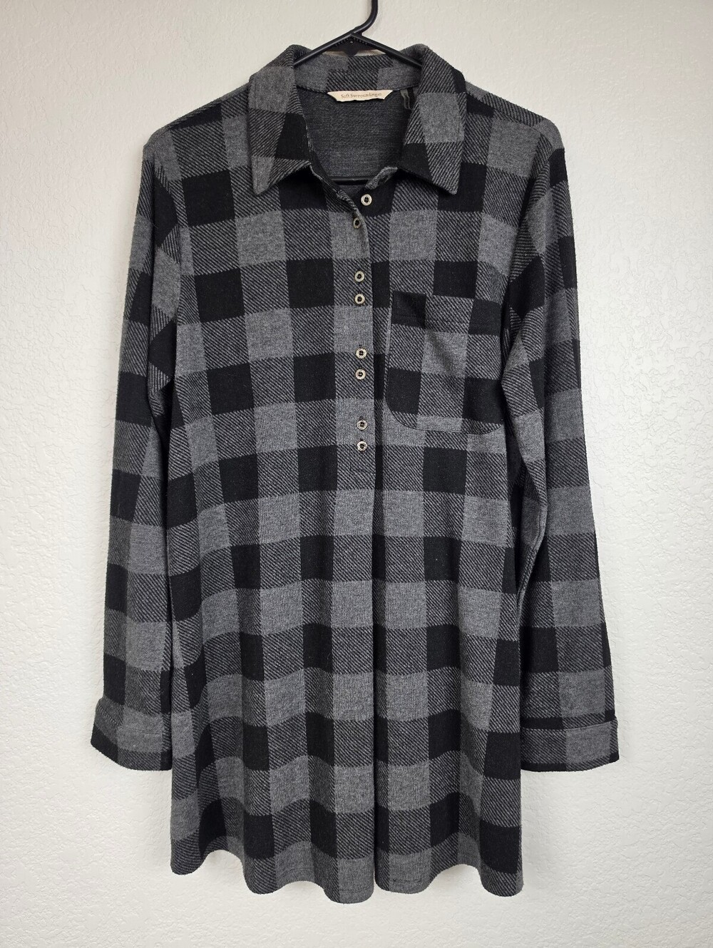Soft Surroundings Small Black Gray Plaid Shirt